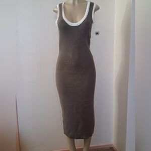 Caroline Constas Ribbed Knit Midi Dress White Outlined Medium Seaweed Green